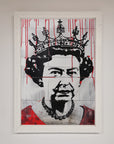Luxury Queen Elizabeth Graffiti Red Blood Framed Poster, premium stylish royal street art decor, best-selling bold framed artwork by Zestio at brixbailey.com