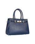 RB1016D | Borsa Donna a Mano in Vera Pelle Made in Italy con tracolla removibile. Attacchi con moschettoni in metallo Oro Lucido - Colore Blu - Dimensioni: cm 28 x 20 x 14 + 12,5