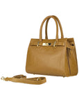 RB1016S | Borsa Donna a Mano in Vera Pelle Made in Italy con tracolla removibile. Attacchi con moschettoni in metallo Oro Lucido - Colore Cognac - Dimensioni: cm 28 x 20 x 14 + 12,5