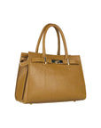 RB1016S | Borsa Donna a Mano in Vera Pelle Made in Italy con tracolla removibile. Attacchi con moschettoni in metallo Oro Lucido - Colore Cognac - Dimensioni: cm 28 x 20 x 14 + 12,5