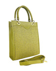 Vertical Handbag for Women in Genuine Leather & Straw - Made in Italy - Pistachio Color - Removable Shoulder Strap by Kailimood.store at brixbailey.com