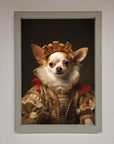 Renaissance Chihuahua framed print, stylish historical art with premium frame, humorous dog decor, best-selling home accent by Zestio at brixbailey.com