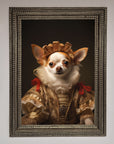 Renaissance Chihuahua framed print, stylish humorous dog art, premium home decor, classic historical charm by Zestio at brixbailey.com