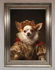 Renaissance Chihuahua framed print, humorous historical art, premium handcrafted home decor, stylish classic dog portrait by Zestio at brixbailey.com