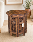 Rengali Medium Mango Wood Side Table Leaf Carving