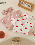 Heart Print Romper + Bow Headdress Set for Baby Girls - Soft Polyester Spring & Autumn Outfit by Baby Lamby at brixbailey.com