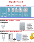 10M-100M Christmas Lights Outdoor LED Fairy String Lights