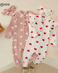 Heart Print Romper & Bow Headdress Set for Baby Girls - Soft Polyester Spring/Autumn Outfit by Baby Lamby at brixbailey.com