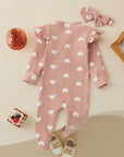 Heart Print Romper & Bow Headdress Set for Baby Girls - Soft Polyester Spring & Autumn Outfit by Baby Lamby at brixbailey.com