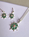 Pink Rhodonite and Green Enamel 8 Point Star Silver Necklace