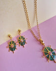 Pink Rhodonite and Green Enamel 8 Point Star Gold Necklace