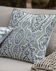 Premium Indoor Outdoor Isabella Cushion in Sage Green, Ikat Pattern with Cream Backing and Feather Pad by Ella James at brixbailey.com