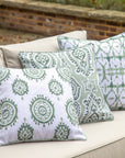 Premium indoor outdoor Alyssa cushion in sage green and cream, hand-dyed with sage piping, feather pad included by Ella James at brixbailey.com