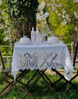 Luxury Tuscany Bistro Lace Vinyl Tablecloth, Sand, Elegant Laser-Cut Crochet Pattern, Indoor Outdoor Square Table Cover by Ella James at brixbailey.com