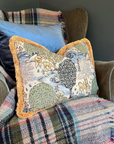 William Morris Deer garden tapestry cushion with mustard gold fringing