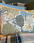 William Morris Deer garden tapestry cushion with mustard gold fringing