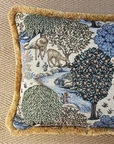 William Morris Deer garden tapestry cushion with mustard gold fringing