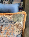 William Morris Deer garden tapestry cushion with mustard gold fringing