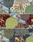William Morris Deer garden tapestry cushion with mustard gold fringing