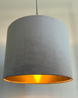 Grey velvet drum lampshade/ ceiling shade with a metallic brushed gold lining
