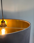 Grey velvet drum lampshade/ ceiling shade with a metallic brushed gold lining