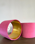 Hot Pink velvet drum lampshade/ ceiling shade with a metallic brushed gold lining