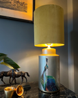 Mustard velvet drum lampshade/ ceiling shade with a metallic brushed gold lining