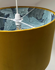 Mustard velvet drum lampshade/ ceiling light shade with blue leaves paper interior