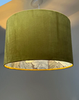 Mustard velvet drum lampshade/ ceiling light shade with blue leaves paper interior
