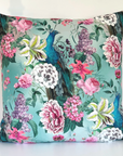 Peacock floral velvet throw cushion, in duck egg. Scatter cushion