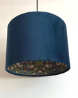 Navy Velvet & Navy Strawberry Thief Double Sided Drum Lampshade | Handmade Ceiling Light Shade | Bespoke UK