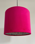 Cerise Pink Velvet & William Morris Blue Willow Leaves Double Sided Drum Lampshade | Handmade Ceiling Light Shade | Bespoke UK