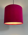 Cerise Pink Velvet & William Morris Blue Willow Leaves Double Sided Drum Lampshade | Handmade Ceiling Light Shade | Bespoke UK