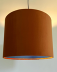 Burnt Orange Velvet & Royal Blue Cotton Double Sided Drum Lampshade | Handmade Ceiling Light Shade | Bespoke UK