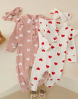Heart Print Romper + Bow Headdress Set for Baby Girls - Soft Polyester Spring & Autumn Outfit by Baby Lamby at brixbailey.com