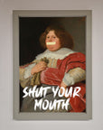 Shut Your Mouth Framed Print, bold contemporary statement artwork, premium stylish decor for living room or office by Zestio at brixbailey.com