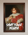 Shut Your Mouth Framed Print, bold contemporary statement art, luxury handcrafted wall decor, stylish premium framed artwork by Zestio at brixbailey.com