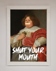 Shut Your Mouth Framed Print, contemporary statement artwork, premium framed wall decor, stylish bold print for living room or office by Zestio at brixbailey.com