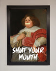 Shut Your Mouth Framed Print, bold statement artwork, contemporary luxury wall decor, stylish premium framed art by Zestio at brixbailey.com