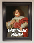 Shut Your Mouth Framed Print, bold contemporary statement art, luxury handcrafted wall decor, stylish premium framed artwork by Zestio at brixbailey.com
