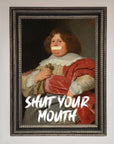 Shut Your Mouth Framed Print, bold contemporary statement artwork, luxury handcrafted framed decor for living room or office by Zestio at brixbailey.com
