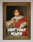 Shut Your Mouth Framed Print, bold contemporary statement art, luxury handcrafted wall decor, stylish premium framed artwork by Zestio at brixbailey.com