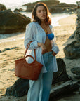 CELIA SOOK Calfskin Leather Tote - Spacious Travel Bag with Cotton Drawstring Organizer | Handmade in Italy | 25x30x14cm by Sook Stainable at brixbailey.com