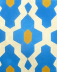 Luxury Moroccan cement tiles, blue yellow cream geometric pattern, premium handcrafted floor and wall tiles, trending exotic home decor by Maria Starling Design at brixbailey.com