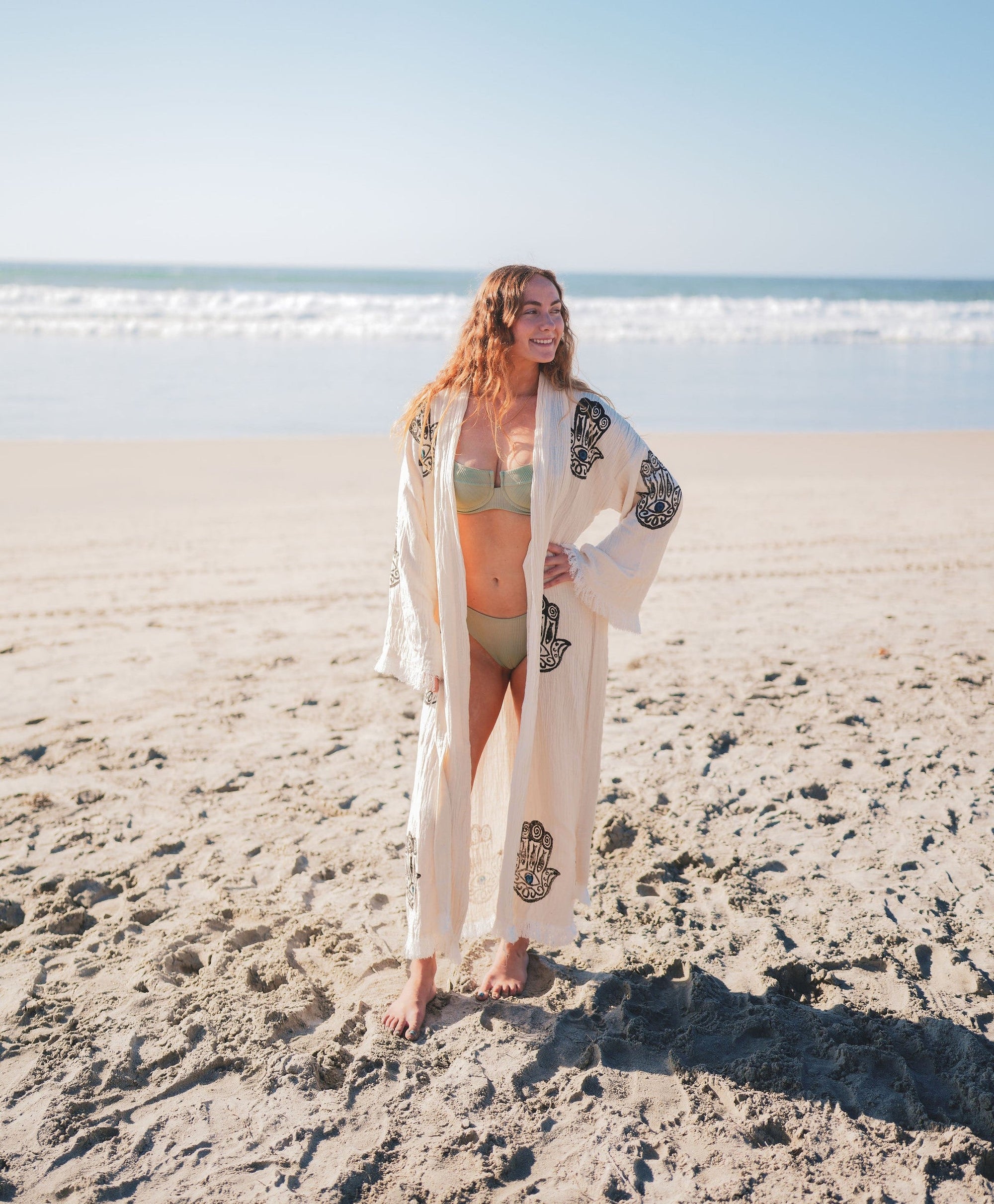 MUSLIN COTTON KIMONO BATHROBE HAMSA HAND PRINT