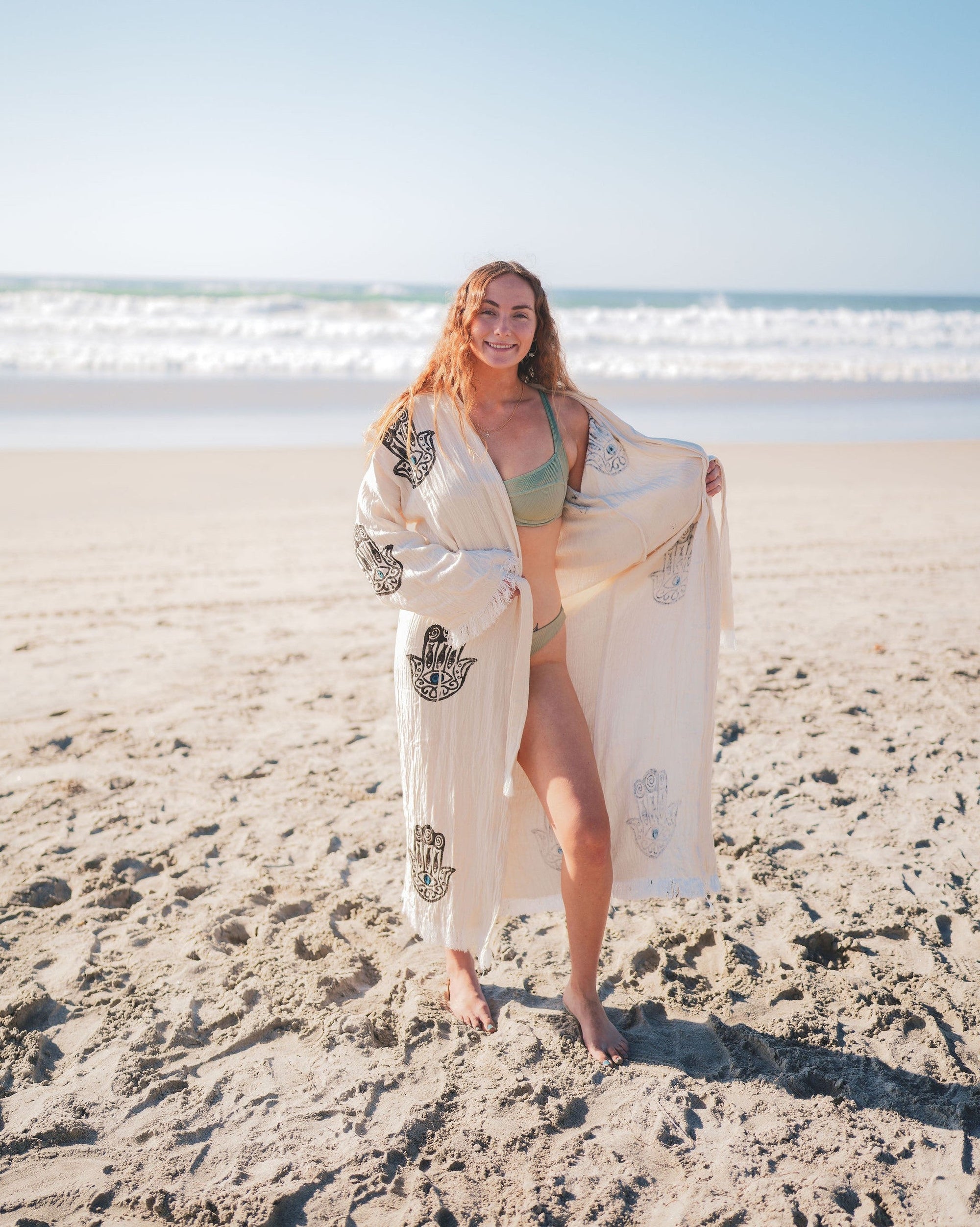 MUSLIN COTTON KIMONO BATHROBE HAMSA HAND PRINT