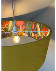 Olive green velvet wonderland drum lampshade, double sided lampshade with wonderland paper interior