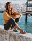 Premium vegan sandals in turquoise, white, mustard, terracotta - comfortable straps, soft footbed, slip-resistant sole, durable, eco-friendly by Fünve at brixbailey.com