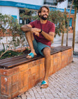 Premium vegan sandals in turquoise ocean white mustard terracotta, comfortable strap, soft anatomical footbed, slip-resistant sole, durable, fair trade Europe by Fünve at brixbailey.com