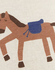 Premium linen horse cushion with blue saddle, retro style for kids bedroom decor by Ella James at brixbailey.com